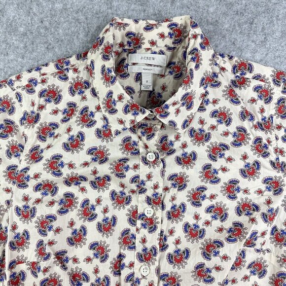 J Crew Top Blouse Womens 2 Floral Paisley Perfect Shirt Button Up Cotton Preppy - Picture 1 of 12